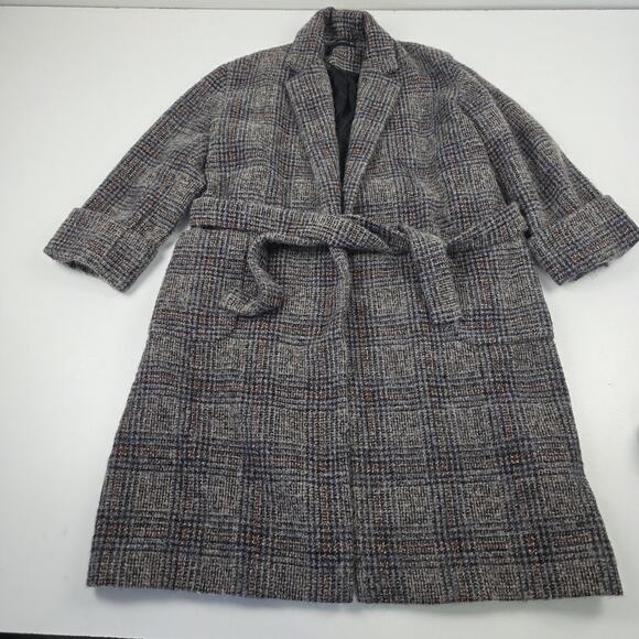 Zara Woman Coat Womens XL Gray Glen Plaid Belted Wrap Wool Alpaca Mohair Blend - Picture 1 of 15